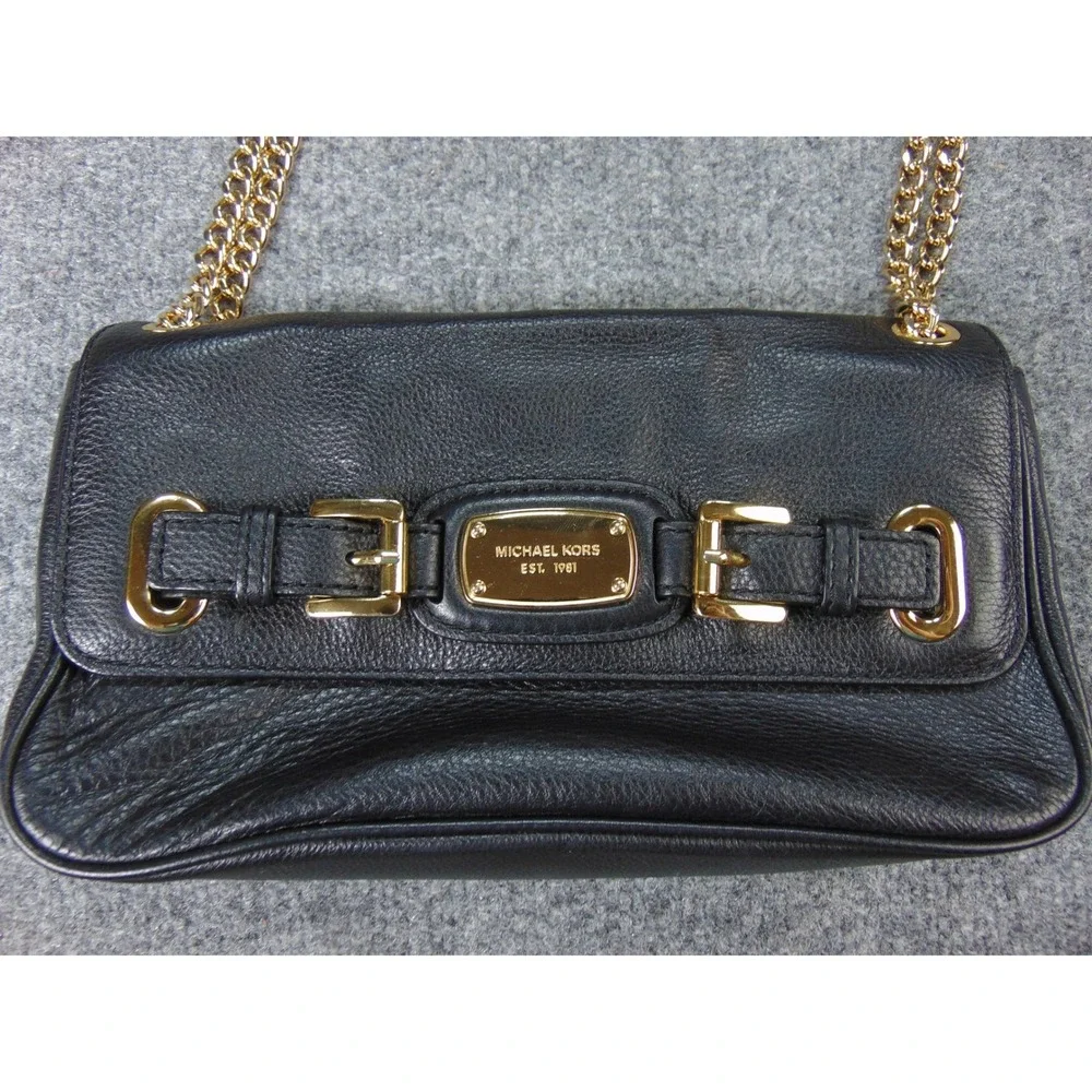 Michael Kors Bedford Black Leather‎ Gold Chain Strap Flap Clutch Crossbody Bag